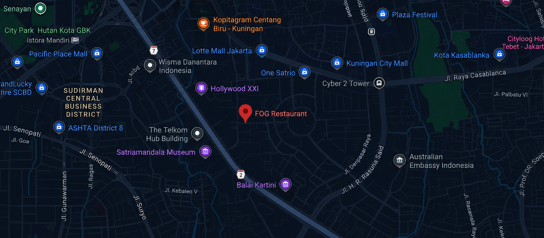 Map showing FOG Restaurant at Arden Grove Mall in Mega Kuningan, Jakarta